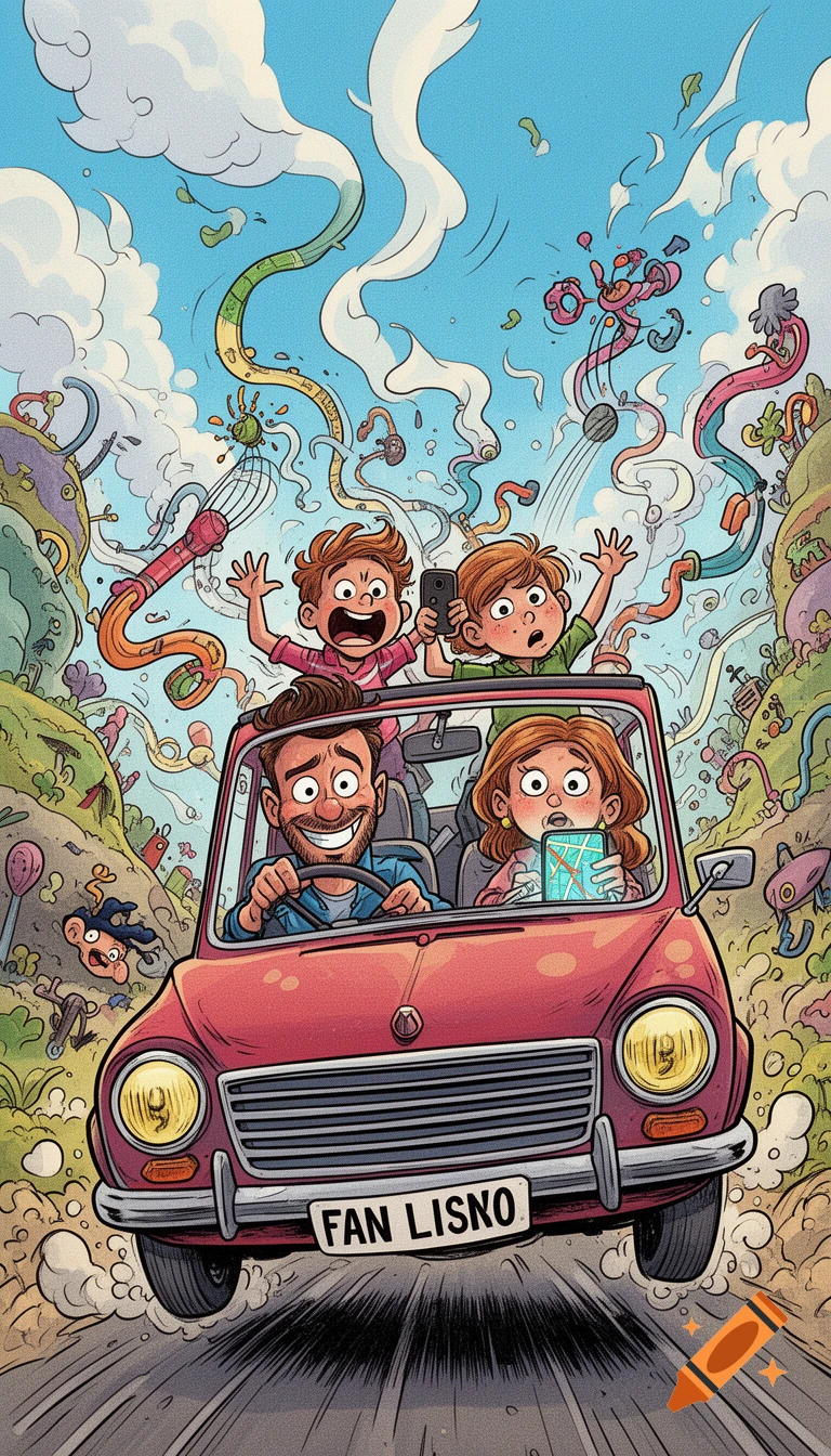 A cartoon family drives a red car through a chaotic, surreal landscape. The father smiles confidently, the mother looks worried at a phone map, and two kids in the back scream excitedly. Text on the license plate says "FAN LISNO".