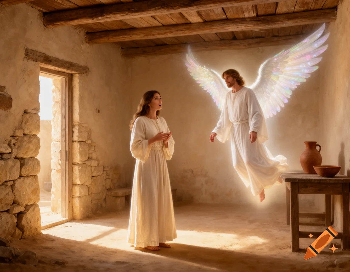 A photorealistic image of a startled Mary in a humble home, looking up at a glowing angel with iridescent wings.