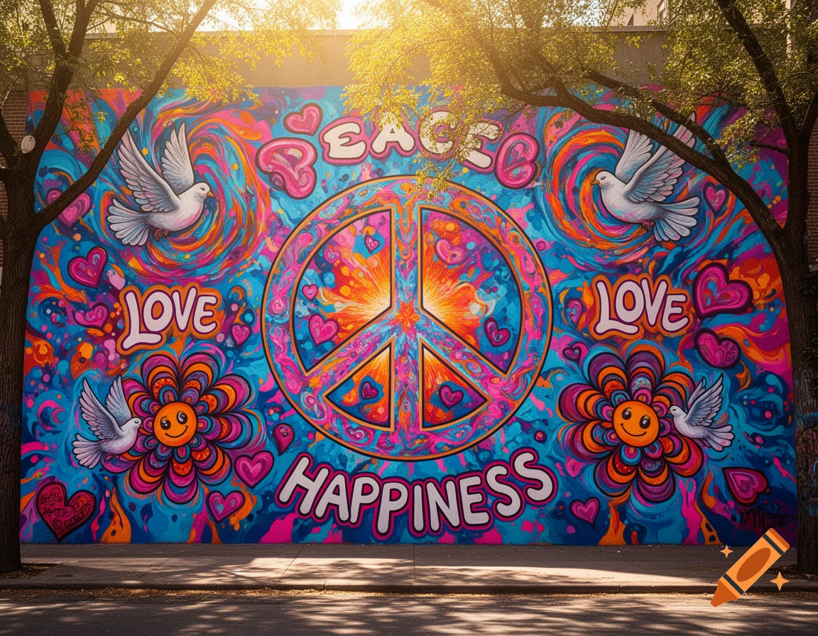 Vibrant hippie mural on a wall featuring a peace sign, doves, hearts, flowers, and the words 'PEACE', 'LOVE', and 'HAPPINESS'.