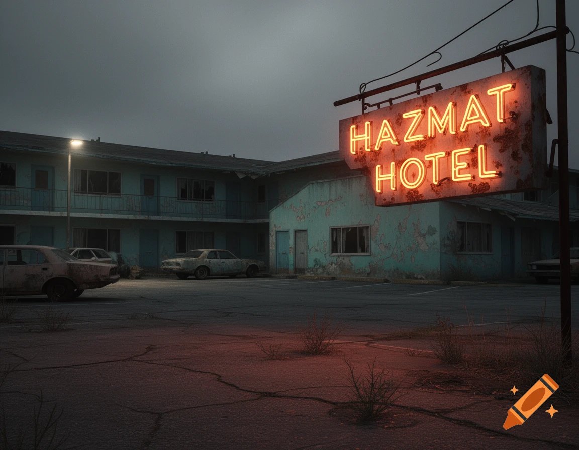 A neon sign for 'HAZMAT HOTEL' glows brightly in front of a dilapidated motel with abandoned cars under a dark, cloudy sky.