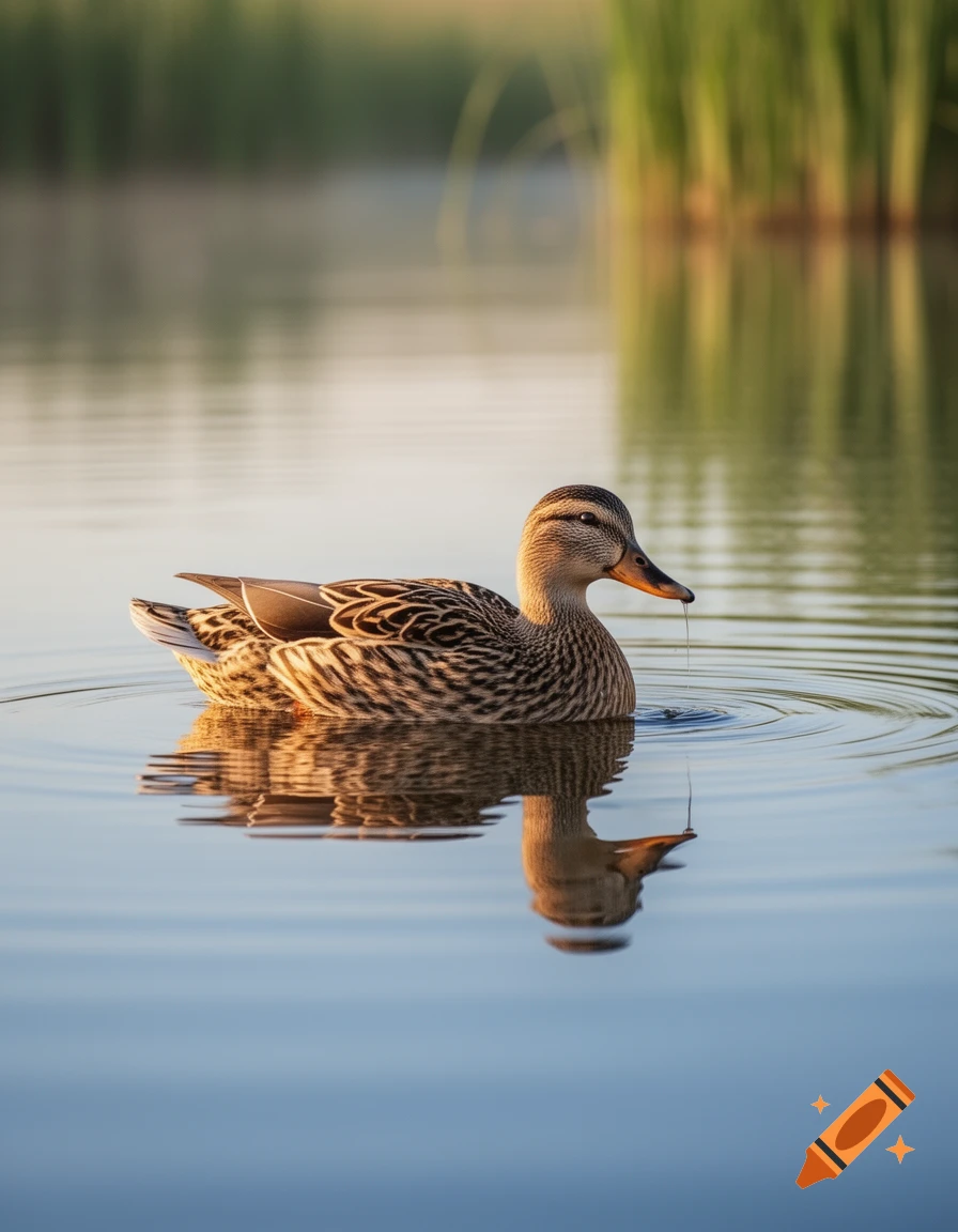 A female mallard duck with intricate brown and white feathers swims in calm, blue water, creating ripples. Its reflection is visible below, with green reeds blurred in the background under soft sunlight.