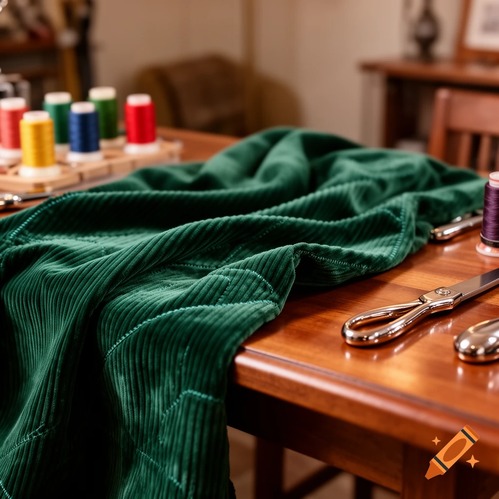 Close-up of dark green corduroy fabric draped over a wooden table, with spools of thread and silver scissors nearby.