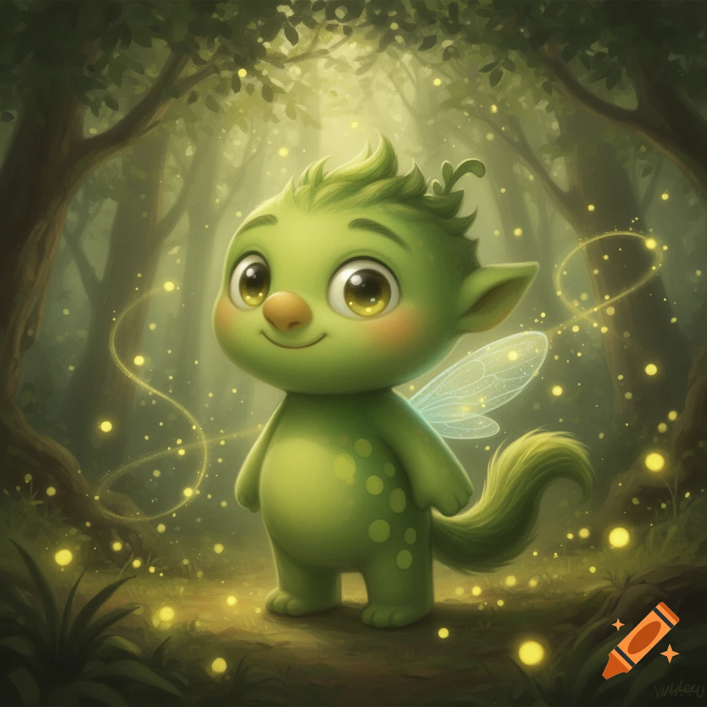 A cute, green, fairy-like creature with big eyes, small wings, a bushy tail, and spots stands in a mystical forest with glowing fireflies.