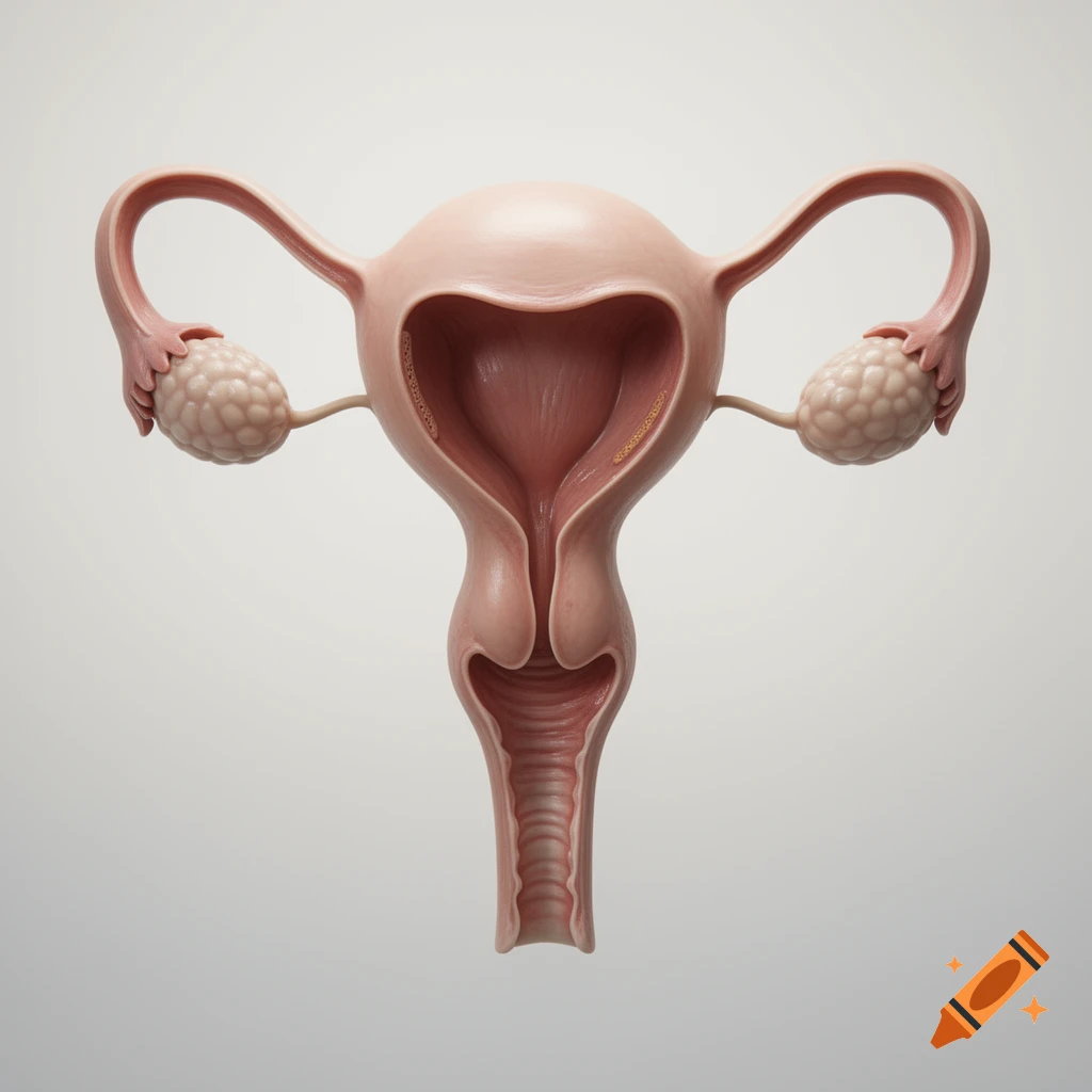 A detailed 3D anatomical model of a human uterus, fallopian tubes, and ovaries on a light background.