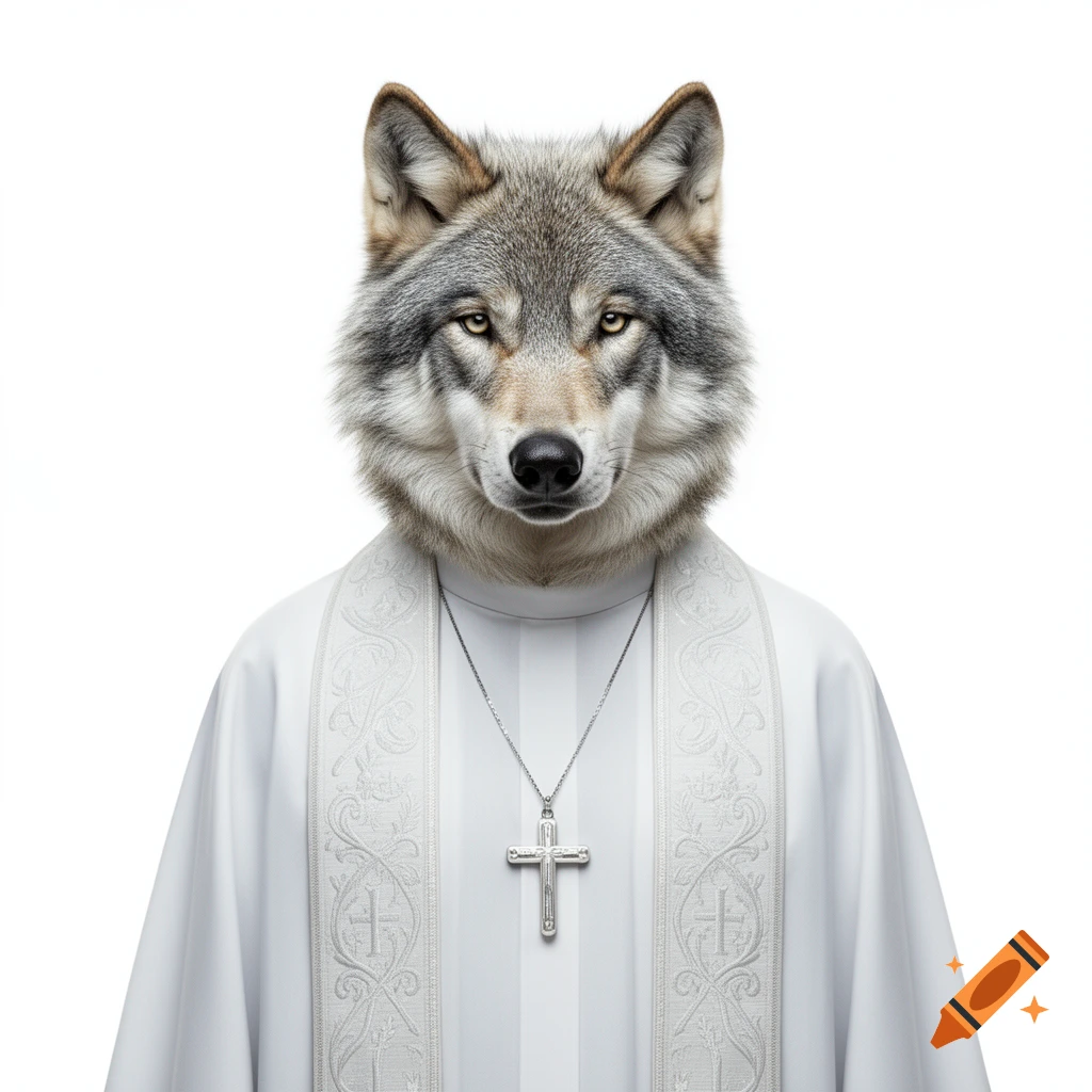 A photorealistic image of an anthropomorphic wolf wearing a white priest's vestment and a silver cross necklace against a white background.
