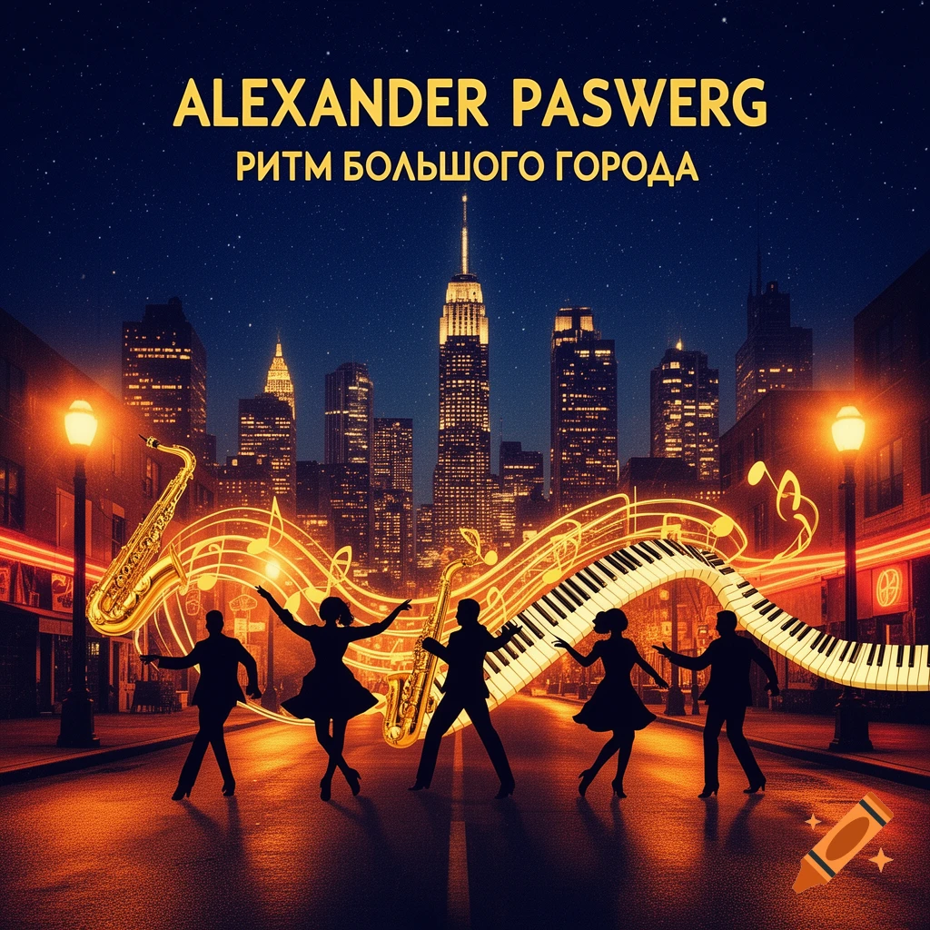 Vibrant retro album cover with dancing silhouettes, saxophones, and piano keys on a city street at night, text 'ALEXANDER PASWERG РИТМ БОЛЬШОГО ГОРОДА'.