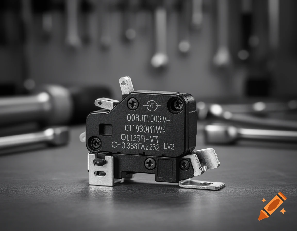 A detailed black and white photograph of a small electronic limit switch with numbers and symbols printed on its side, set against a blurred background of tools.