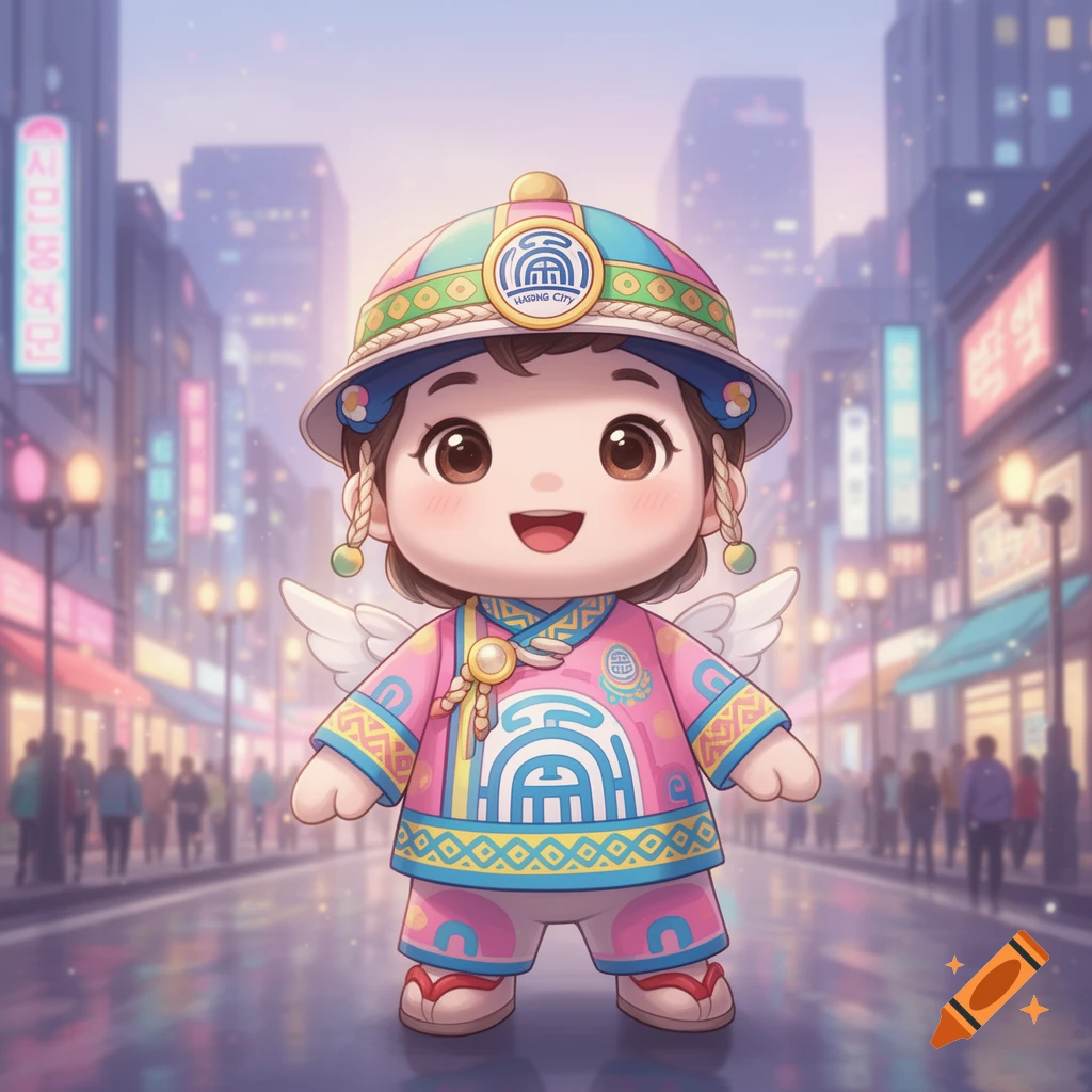 A cute, chibi-style mascot in a pink traditional outfit with small wings and a patterned hat, standing on a wet city street at night with neon signs.