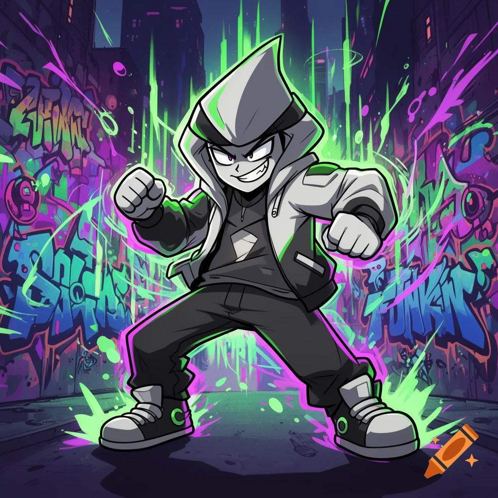 A cartoon character with a pointed hood, dark clothing, and glowing green eyes stands in an urban alley with vibrant green and purple graffiti, in a video game art style.