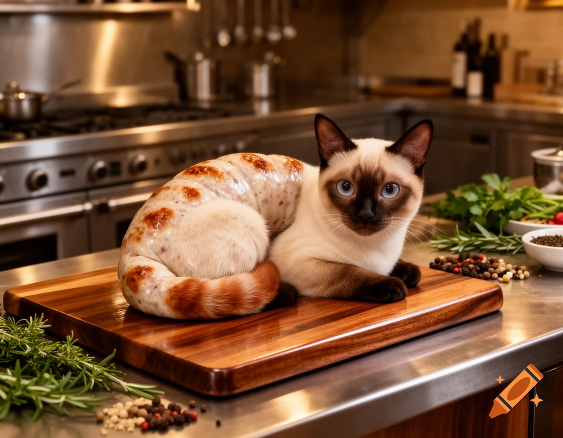 A flame point Siamese cat with its body shaped like a boudin blanc sausage, lying on a wooden cutting board in a kitchen.