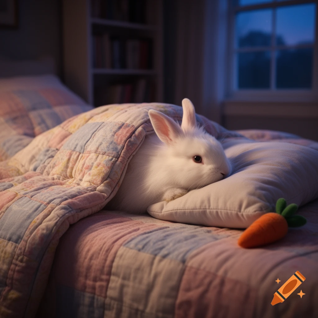 A cute white rabbit is tucked under a colorful patchwork quilt, resting its head on a pillow next to a carrot toy in a cozy, dimly lit bedroom.