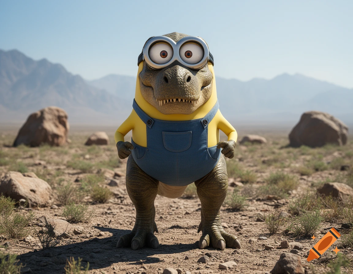 Photorealistic Minion-T-Rex hybrid stands hands on hips in a vast, rocky desert with mountains.