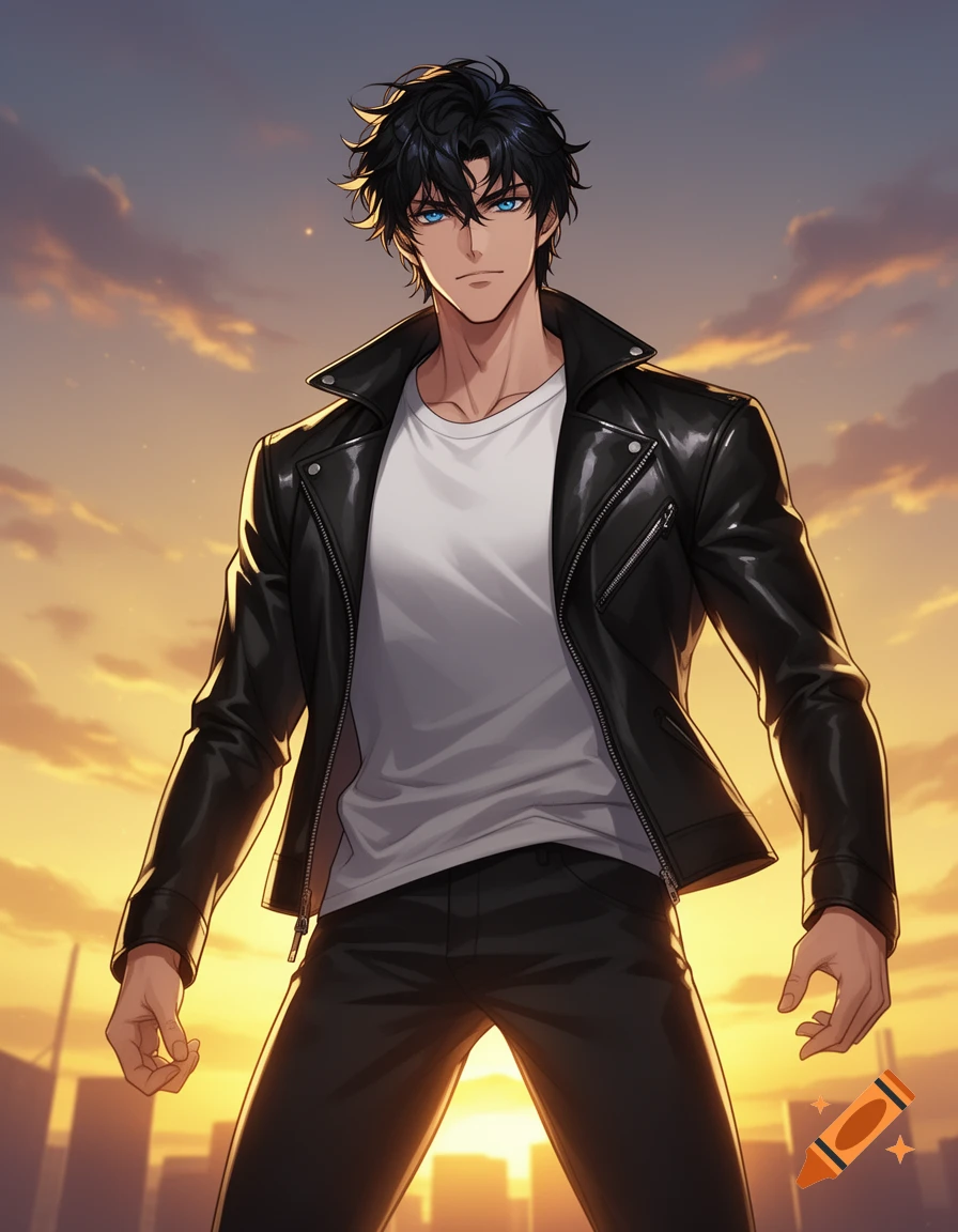 Handsome anime male with black hair and blue eyes in a leather jacket against a sunset city skyline.