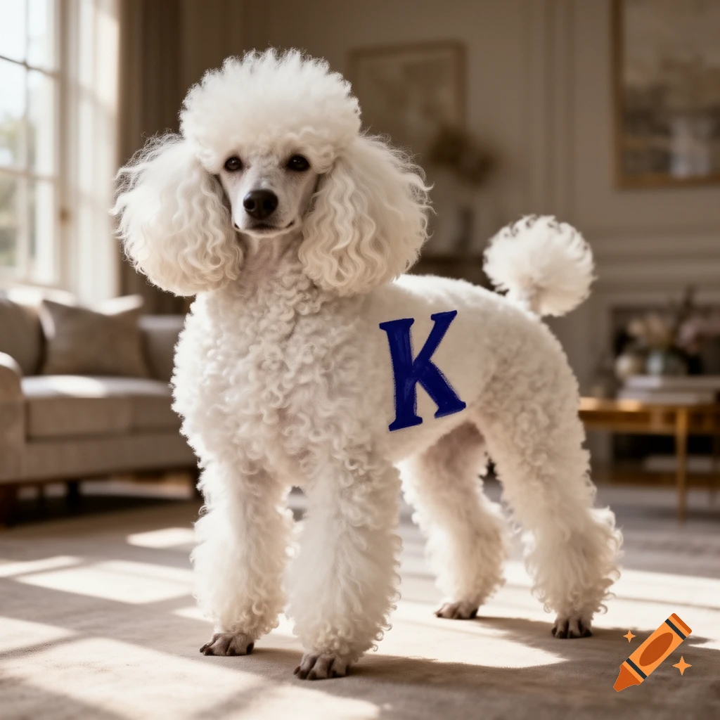 A white standard poodle with a blue letter K painted on its side stands in a sunlit living room.