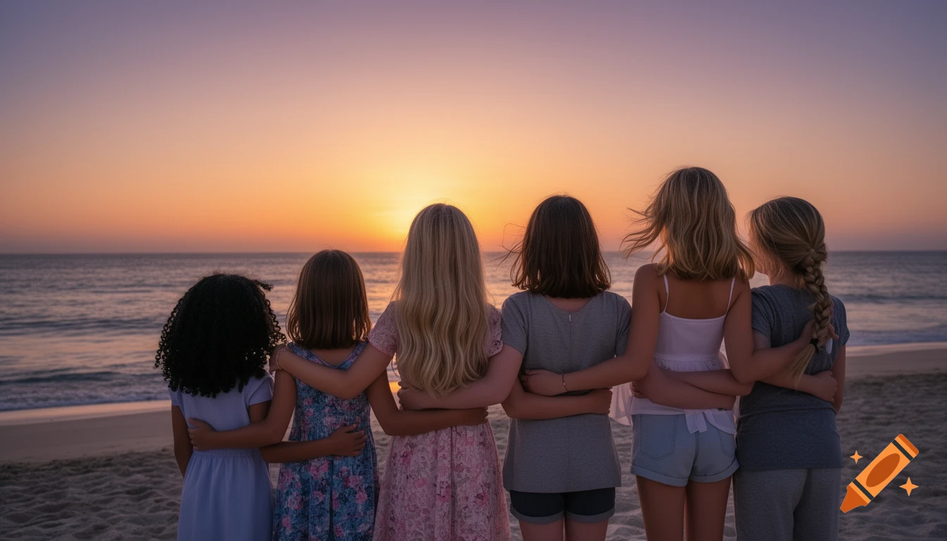 Six girls with arms around each other, seen from behind, watching a beautiful sunset over the ocean from a sandy beach.