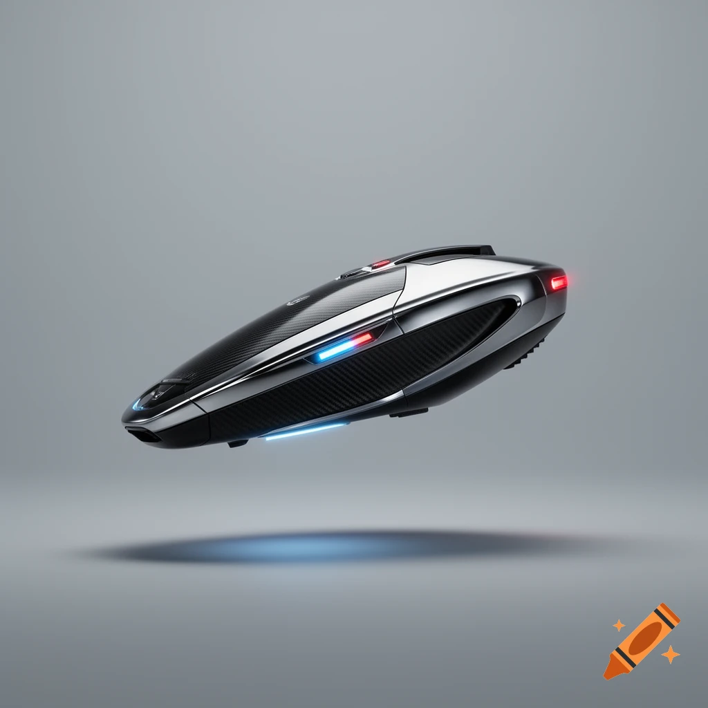 A sleek, metallic and carbon fiber sci-fi vacuum cleaner floats in a neutral gray background.