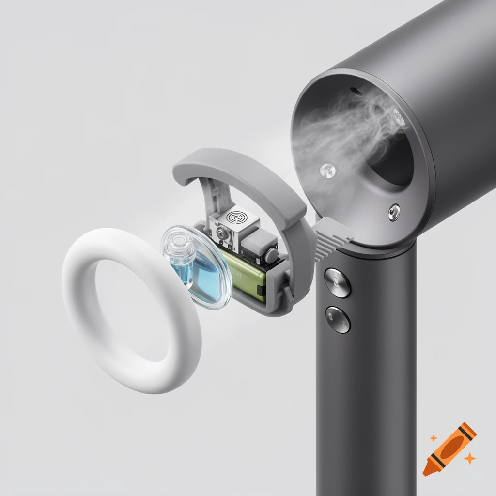 Exploded isometric view of a gray Dyson hairdryer attachment, showing a white ring, a clear blue oil capsule, and internal components with mist emanating from the nozzle.