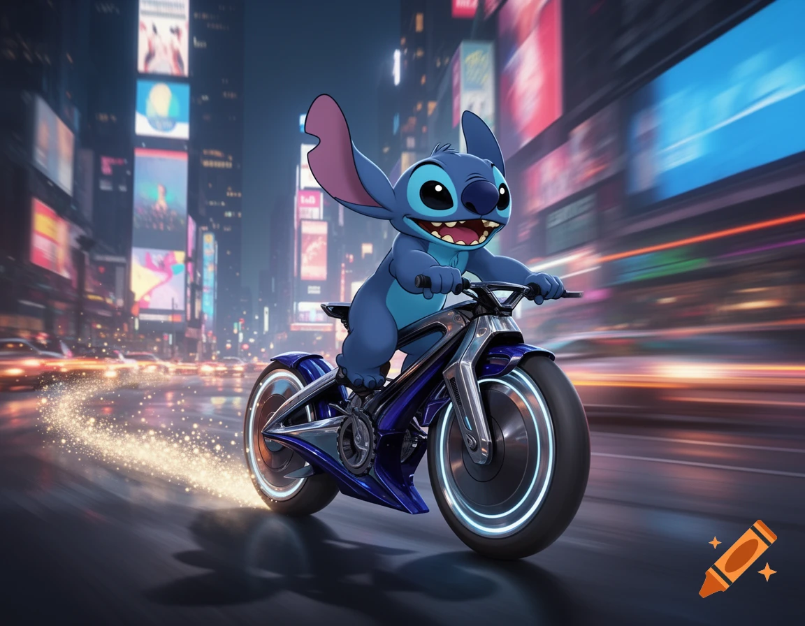 Stitch rides a futuristic blue motorcycle through a vibrant, motion-blurred city street at night, leaving a sparkling trail.