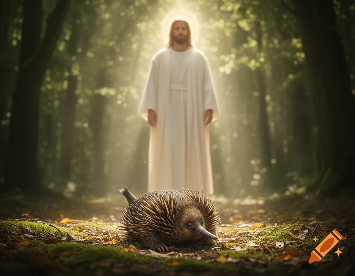 Jesus stands in an ethereal forest, looking down at an echidna lying on the mossy ground.