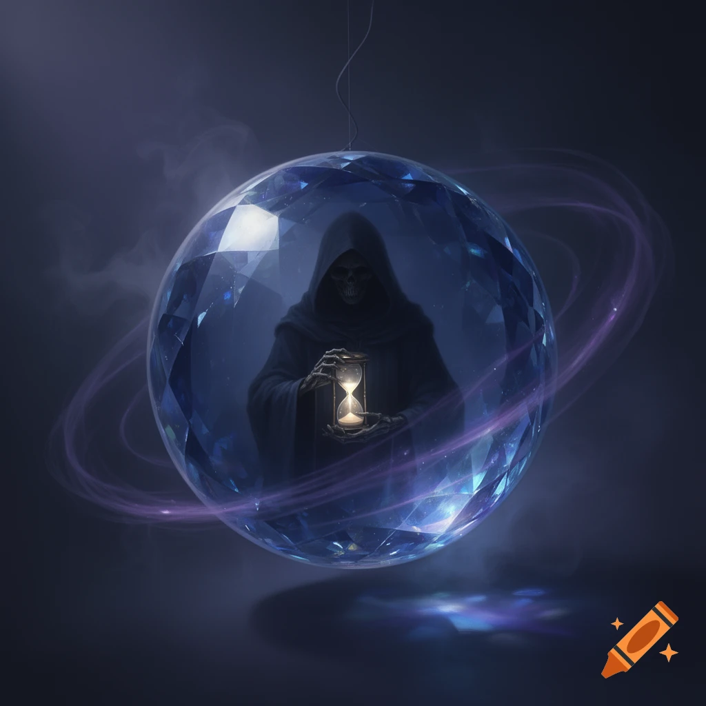 A dark, hooded skeletal figure representing Death holds an illuminated hourglass inside a large, faceted blue crystal ball, surrounded by purple ethereal rings in a mystical setting.