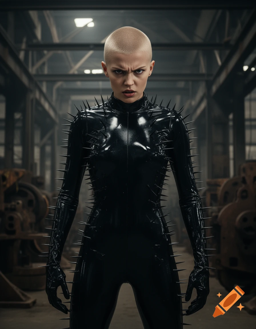 A furious bald woman in a black spiked latex suit stands in a dark industrial setting.