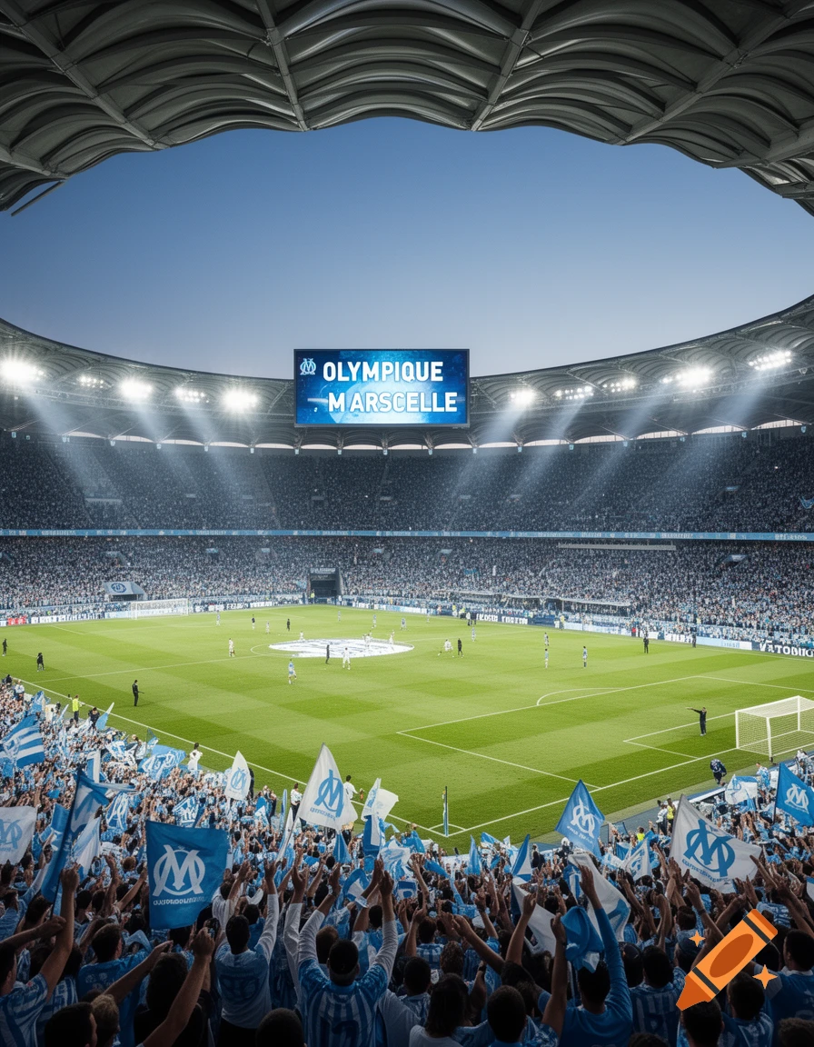 A crowded football stadium with fans waving flags, a match on the field, and a screen showing 'Olympique Marselle' against a blue sky.