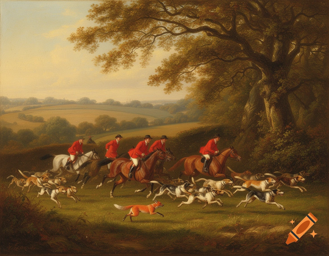 Antique oil painting of a fox hunt with riders on horseback in red coats, hounds, and a fox in a rural landscape.