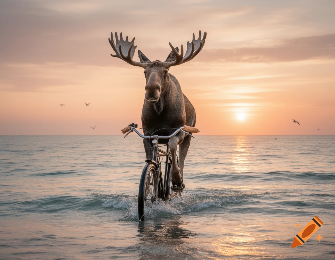 A large moose rides a bicycle through the shallow ocean water as the sun sets over the horizon, with birds flying.