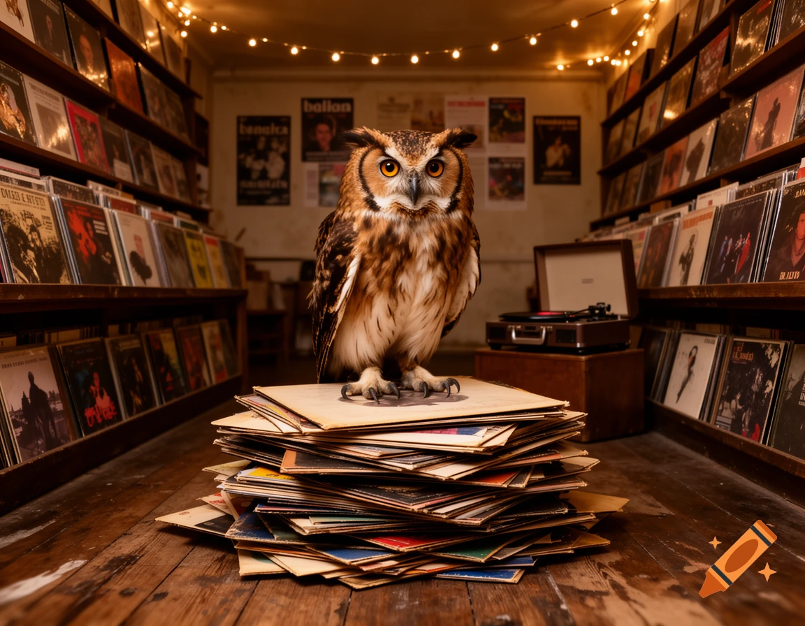 A photorealistic owl stands on a stack of vinyl records in a dimly lit used record store with shelves full of albums.