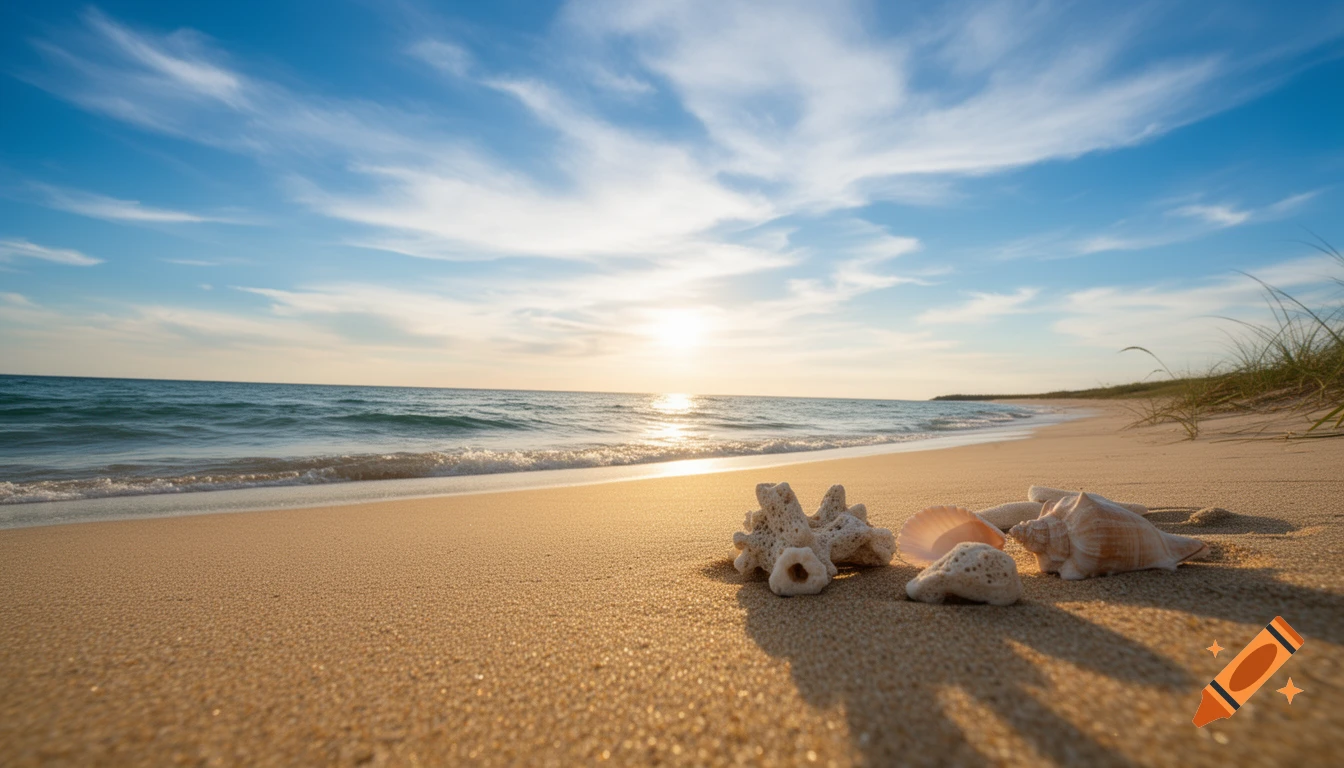 Realistic close-up of seashells and coral on a sandy beach with ocean waves and a golden sunset.