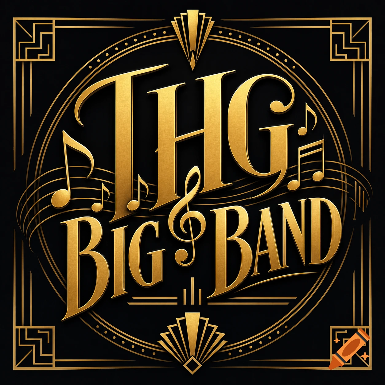 Gold and black Art Deco style logo with 'THG BIG BAND' text and musical notes.