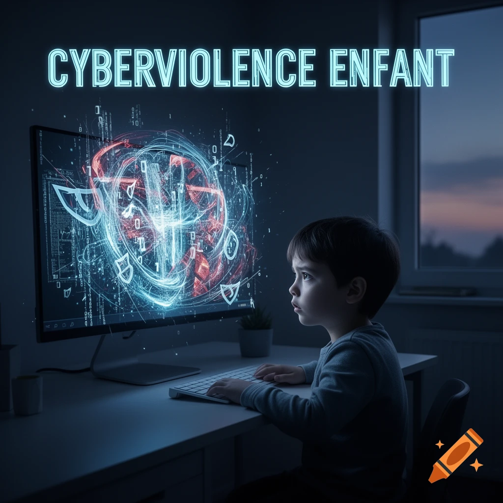 A child looks intently at a glowing computer screen in a dark room. The text 'CYBERVIOLENCE ENFANT' floats above the scene.