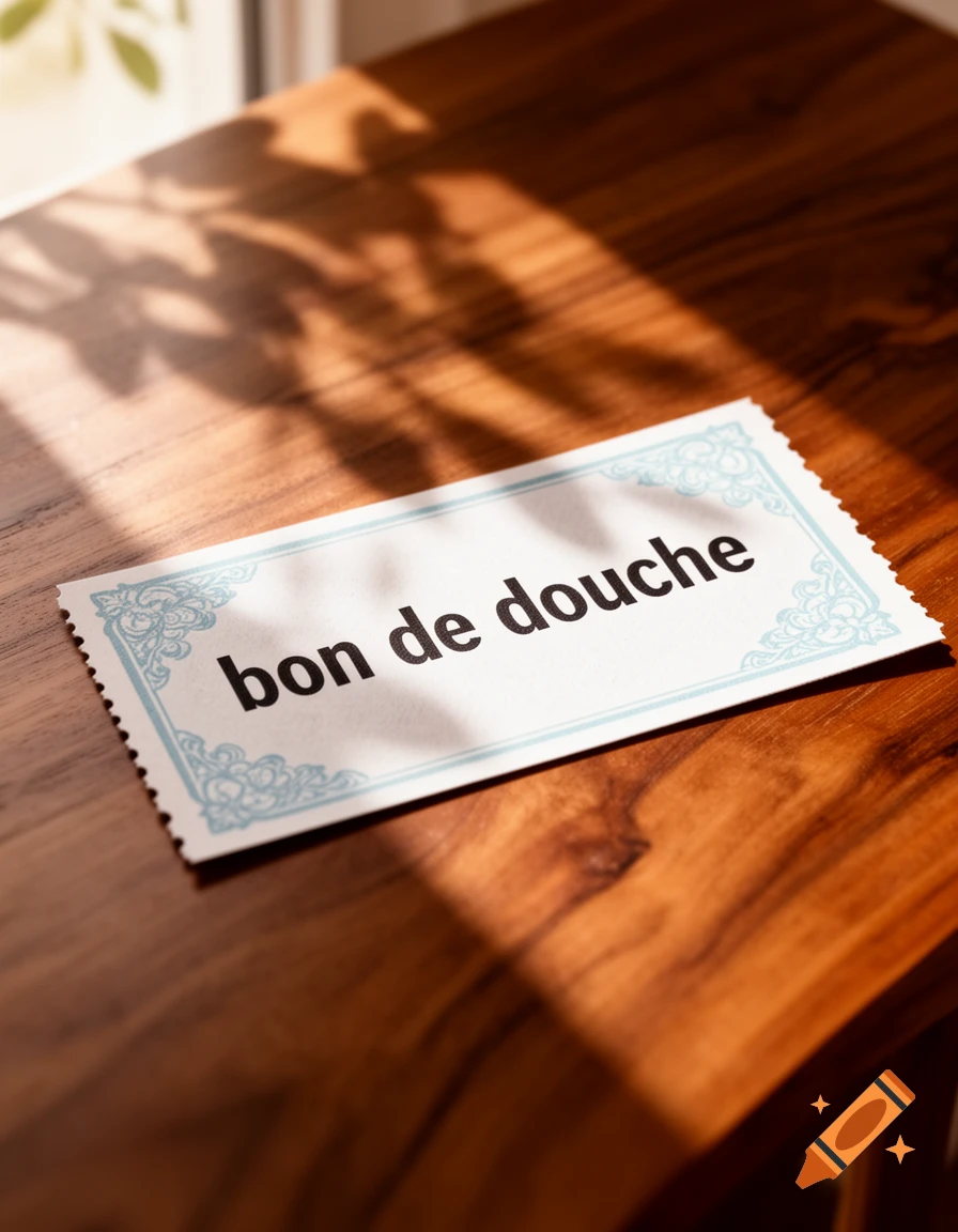 A white ticket with a blue decorative border, reading 'bon de douche', rests on a sunlit wooden table.