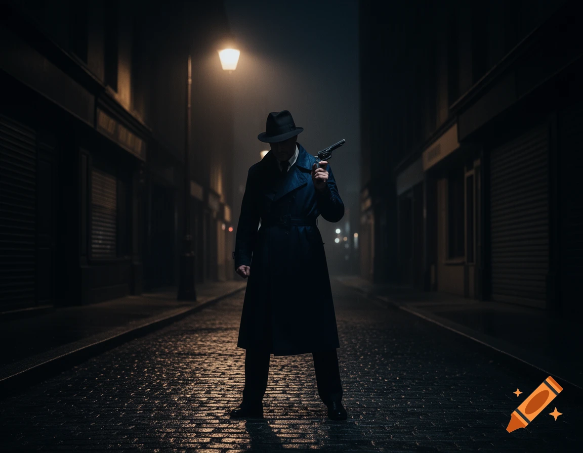 A man in a trench coat and fedora stands on a wet cobblestone street, holding a pistol under a glowing streetlamp at night, creating a noir scene.