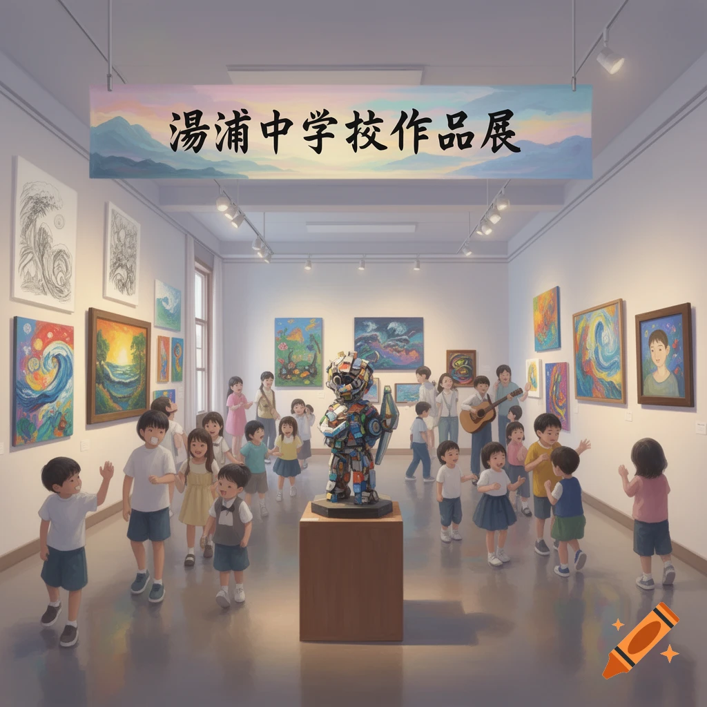 Children explore a brightly lit art gallery, admiring various paintings and a colorful robot sculpture. A banner above reads "Yuura Junior High School Art Exhibition".