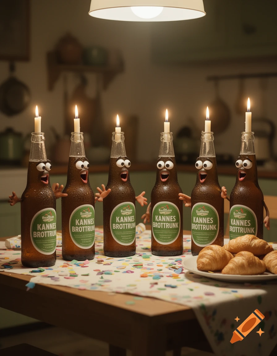 Six anthropomorphic Kannes Brottrunk bottles with candles on top, singing on a confetti-covered table next to croissants in a kitchen. Photorealistic.