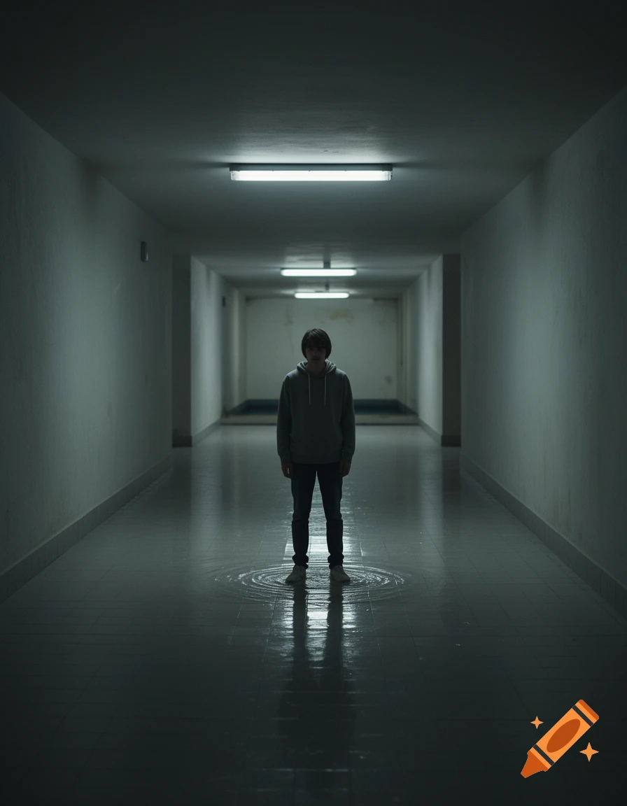 A solitary figure stands in a dark, long hallway with glowing lights and a rippling puddle around their feet.