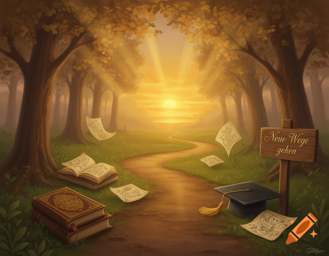 An illustrated winding path through a forest towards a golden sunrise, with books, a graduation cap, and a sign saying "Neue Wege gehen" (New Paths).