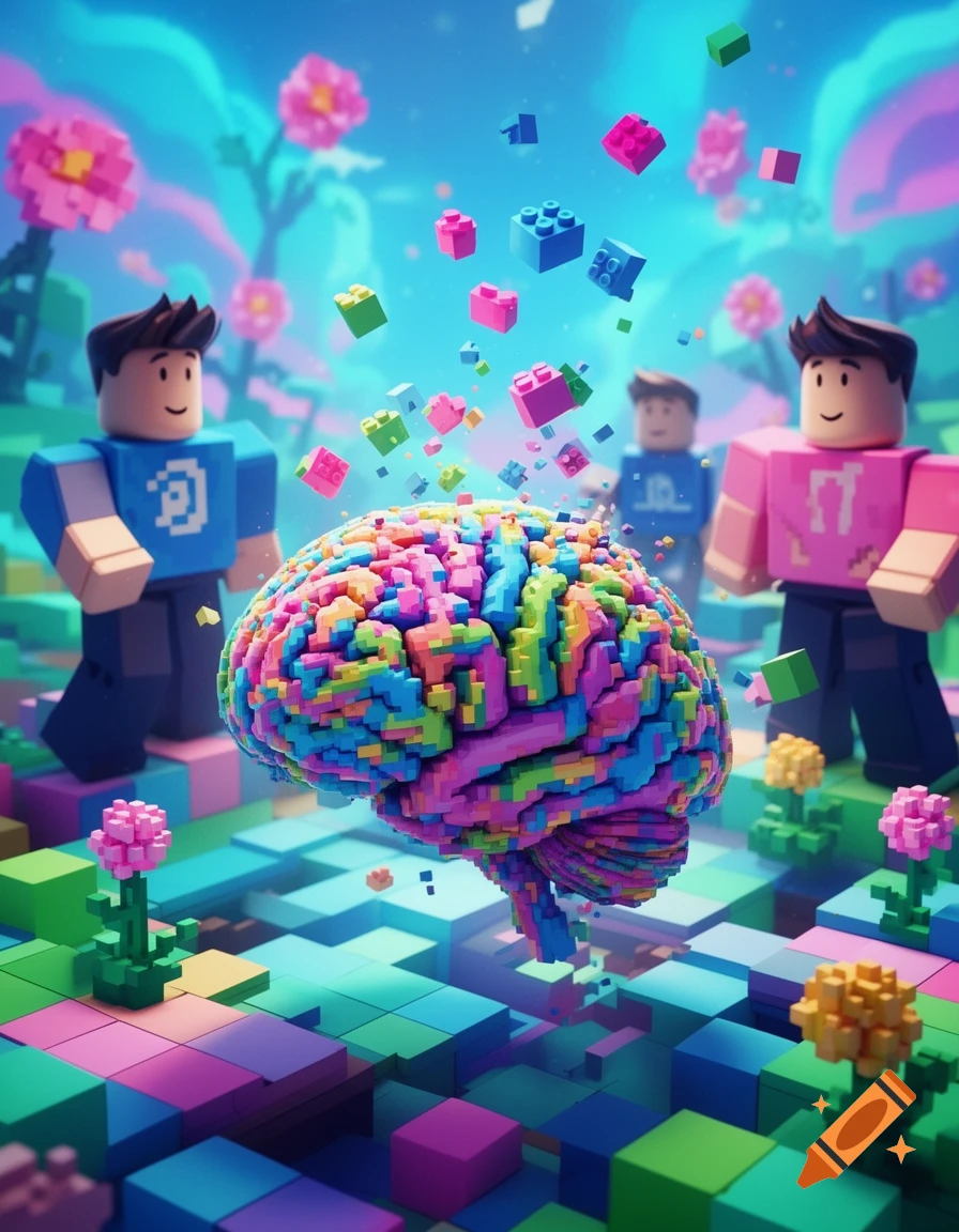 A colorful pixelated brain floats amidst a vibrant blocky landscape with Roblox-style characters and flying Lego bricks under a bright sky.