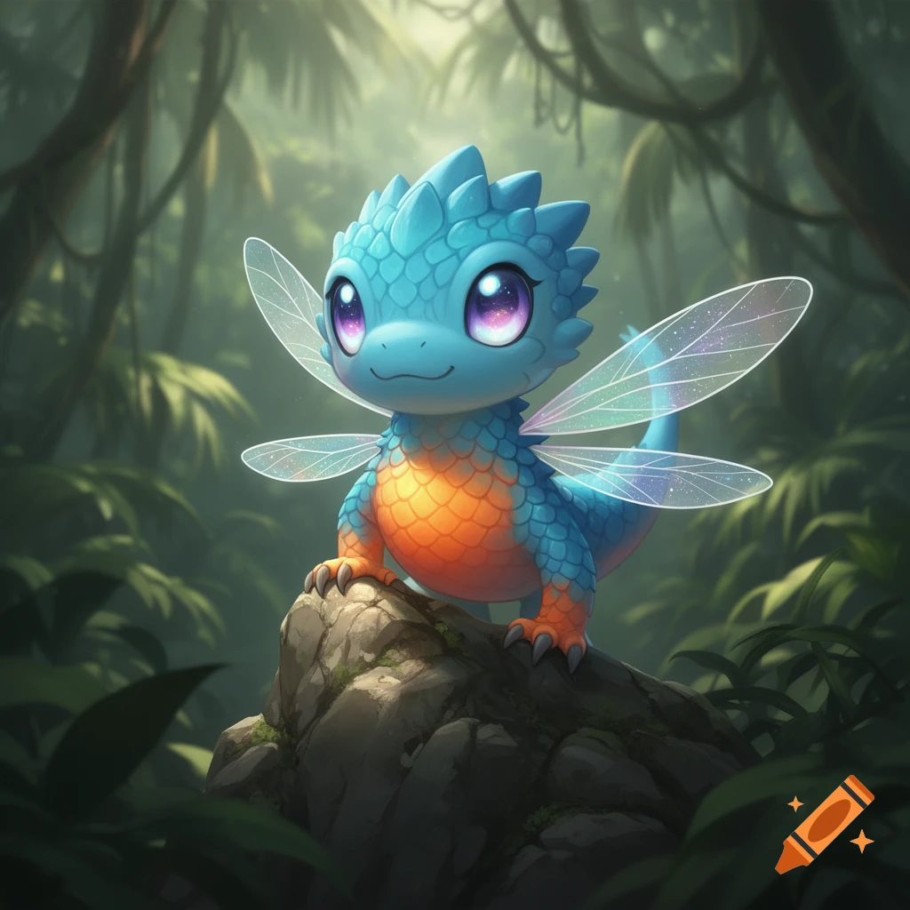 A cute, blue and orange scaled fantasy creature with translucent fairy wings sits on a mossy rock in a lush jungle.