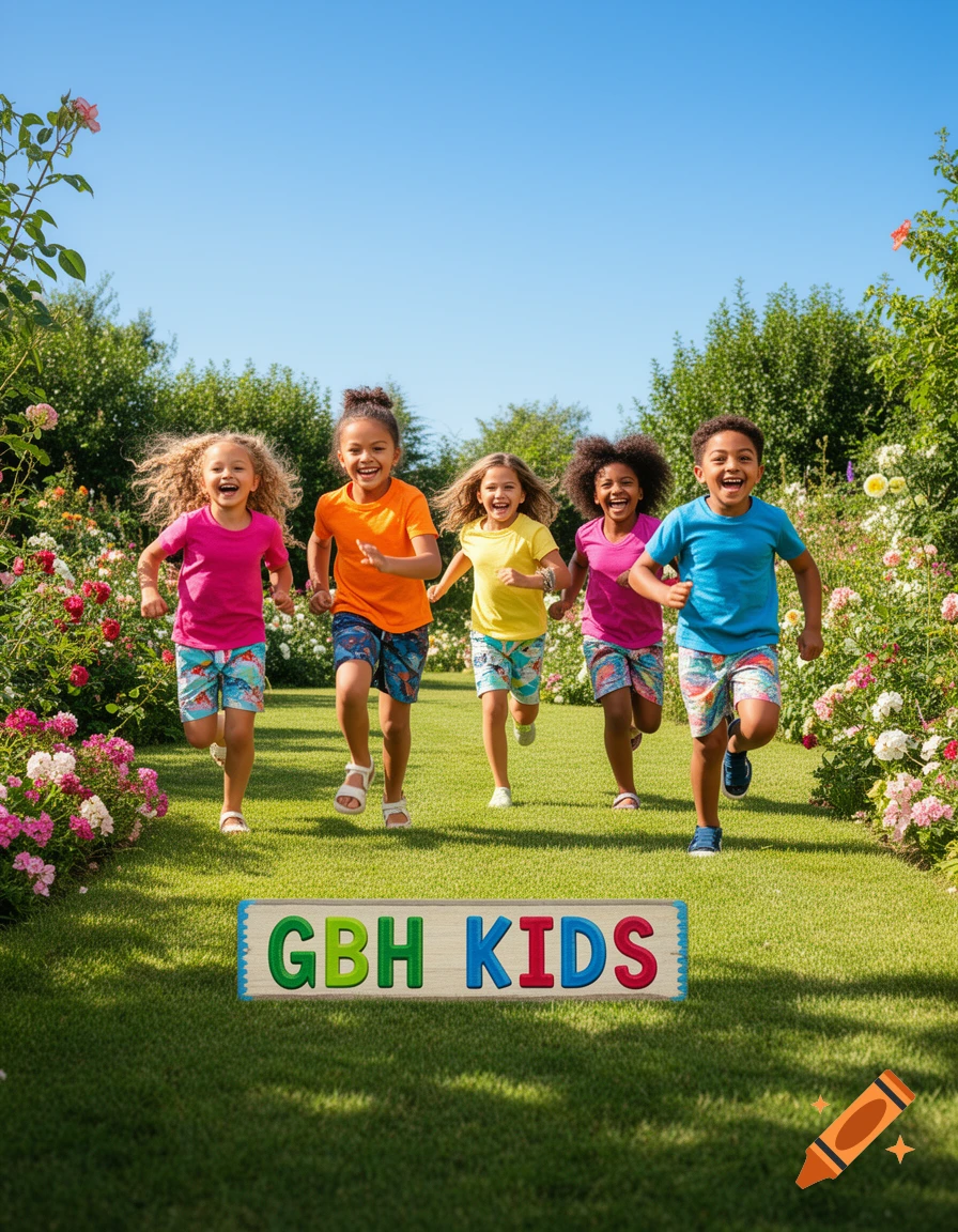 Five smiling diverse children run and play in a sunny garden with a 'GBH KIDS' sign on the grass.