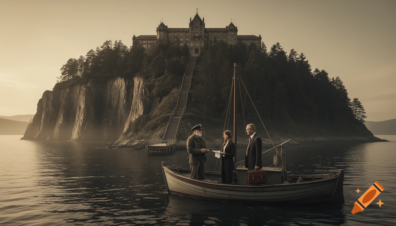 Sepia-toned image of a boat with three people on a lake, approaching a mysterious island with cliffs, woods, and a large sanatorium.
