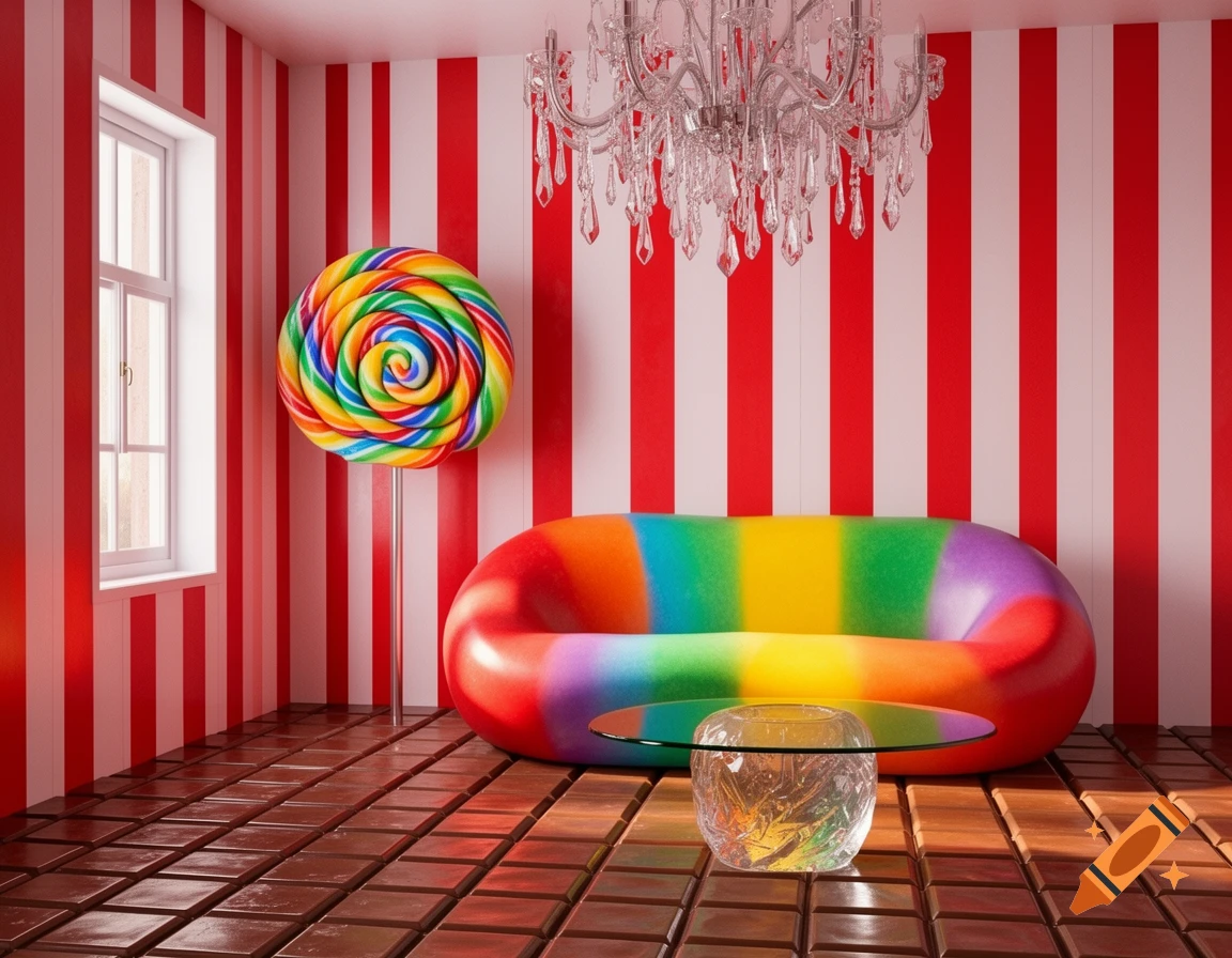 A whimsical candy-themed room with red and white striped walls, a giant lollipop, a rainbow sofa, and chocolate bar floor.