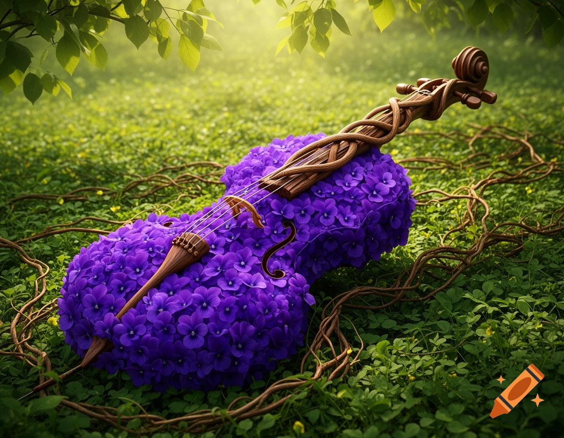 A cello shaped by vibrant purple violets, with woody vines and a viola bow, rests in a lush green sunlit field.