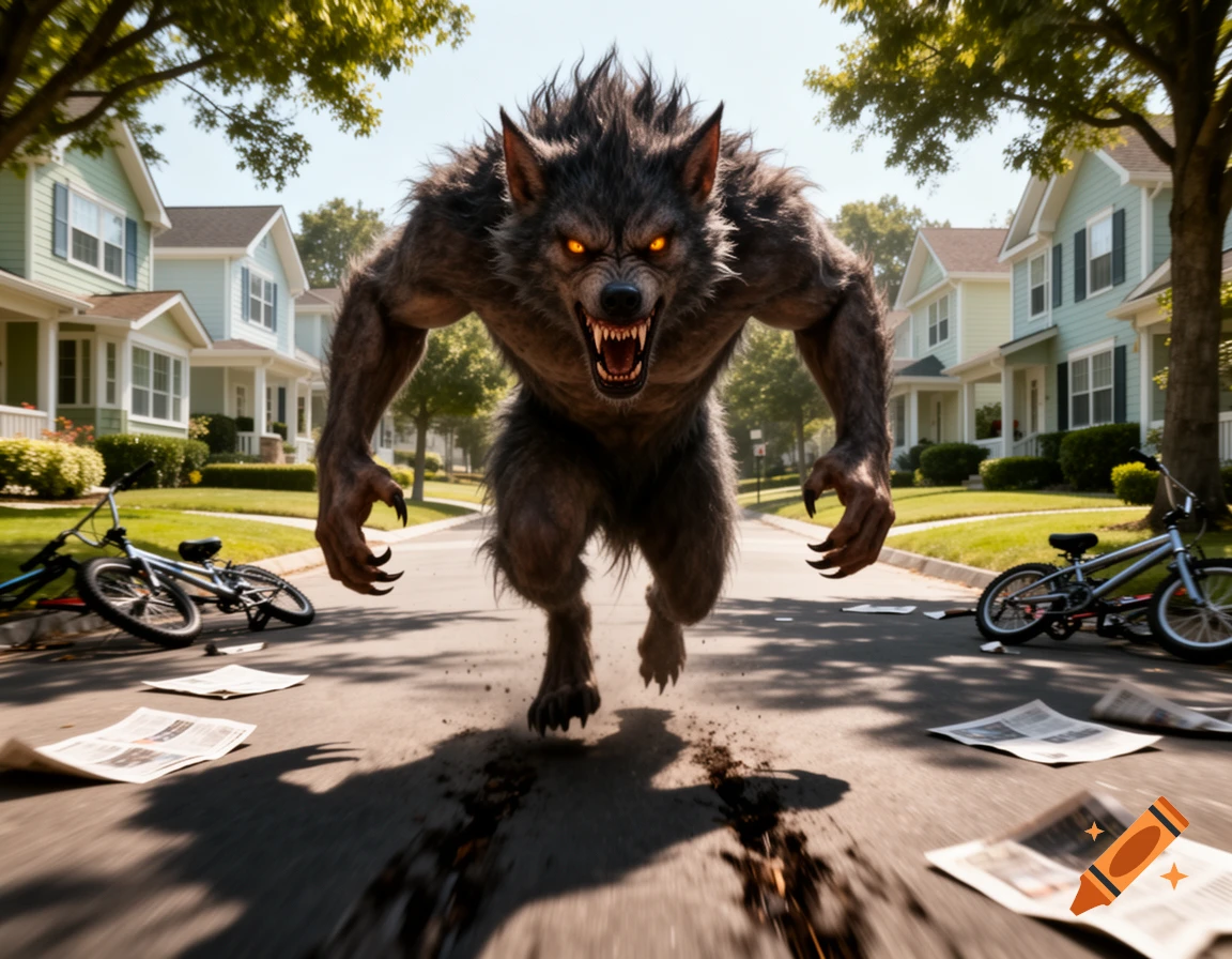 A terrifying, photorealistic werewolf with glowing orange eyes runs down a suburban street during the daytime, scattering newspapers.