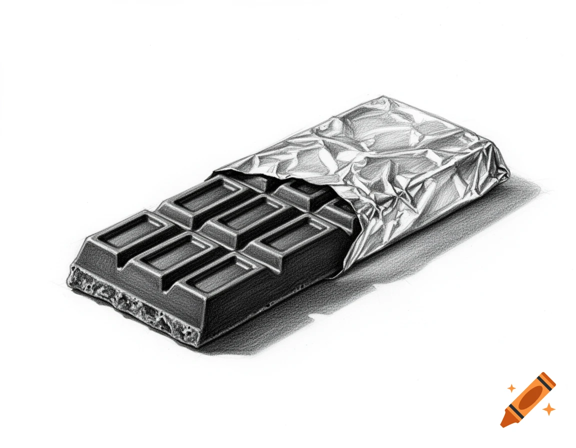 Detailed monochrome pencil sketch of a partially unwrapped chocolate bar on a white surface.