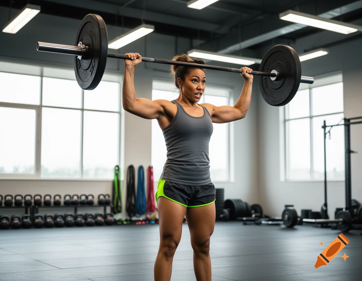 A muscular woman lifting a heavy barbell overhead in a gym, looking focused and determined.