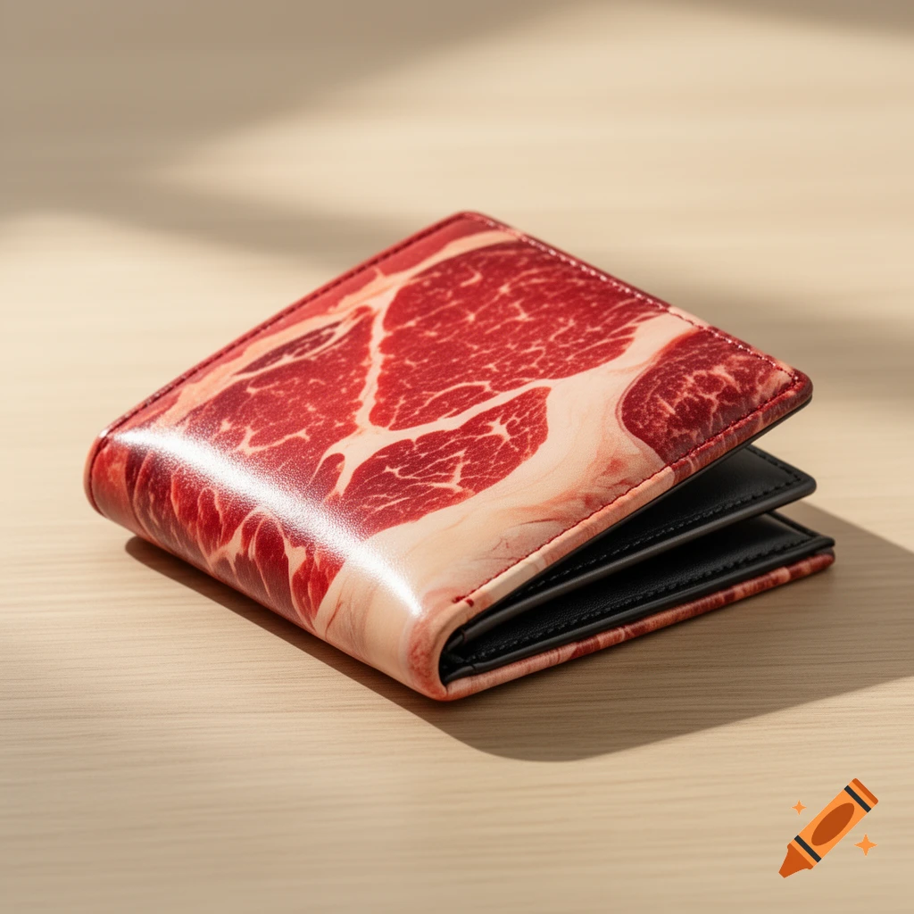A photorealistic bifold wallet patterned with the vivid red and white marbling of a raw cut of meat, sitting on a light wooden table.