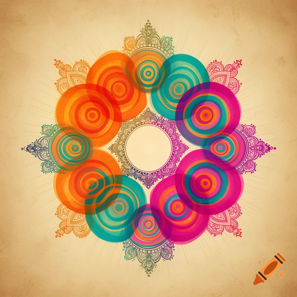 A vibrant circular mandala design with overlapping, translucent orange, teal, and magenta concentric circles against a distressed beige background.