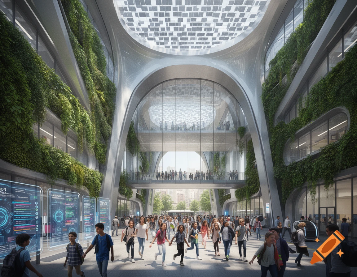 A photorealistic image of a futuristic, eco-friendly school building with green walls and a large, open atrium, filled with students.